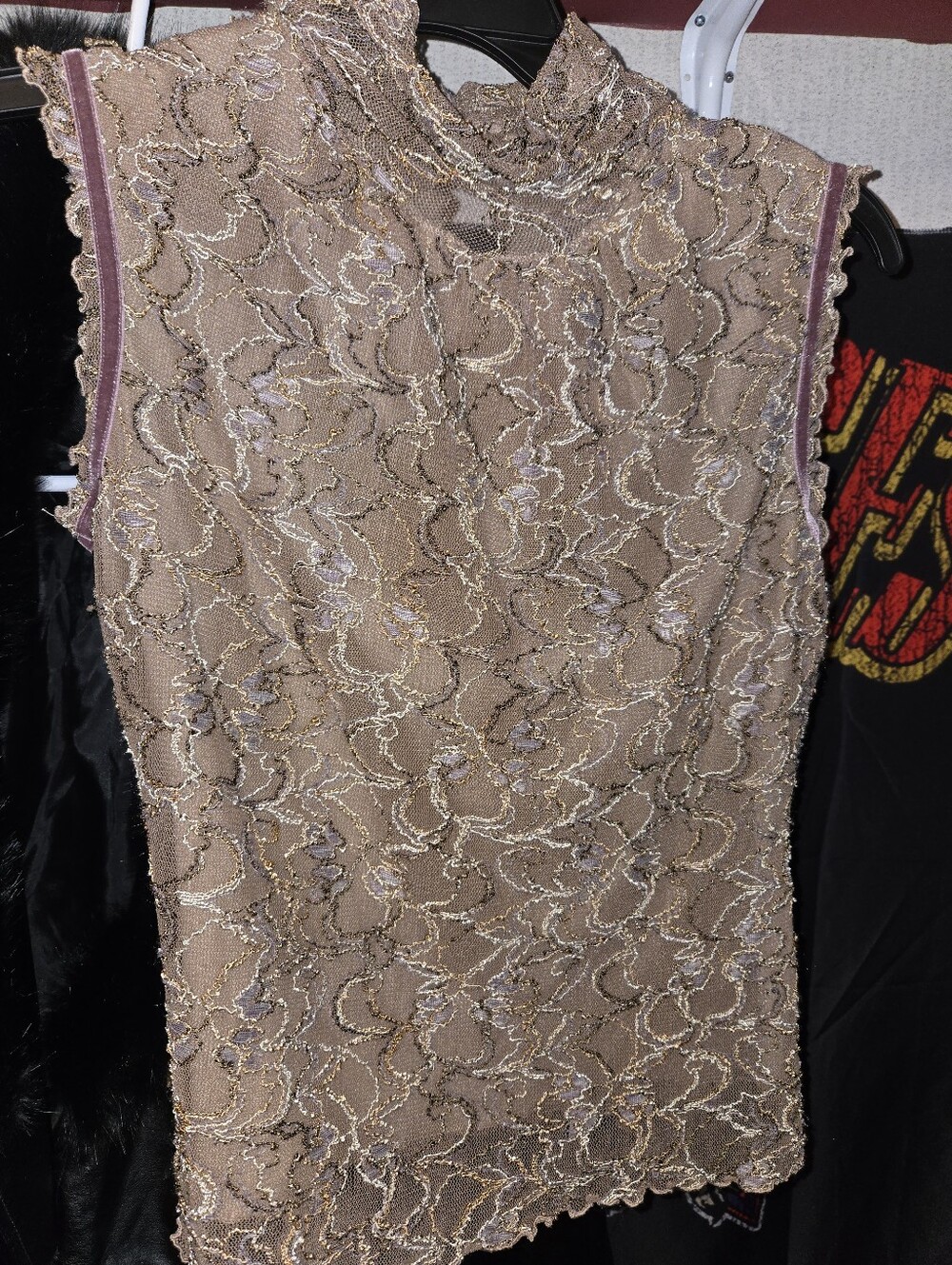 Sleeveless Lace Metallic Trim Top - Taupe